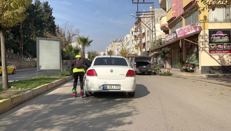Kilis’te Patenli Genç Arabaya Tutunarak İlerledi